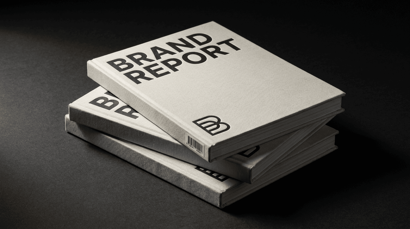 A stack of archival brand volumes with off-white linen covers and the Brand Report mark, shot in low, raking studio light.