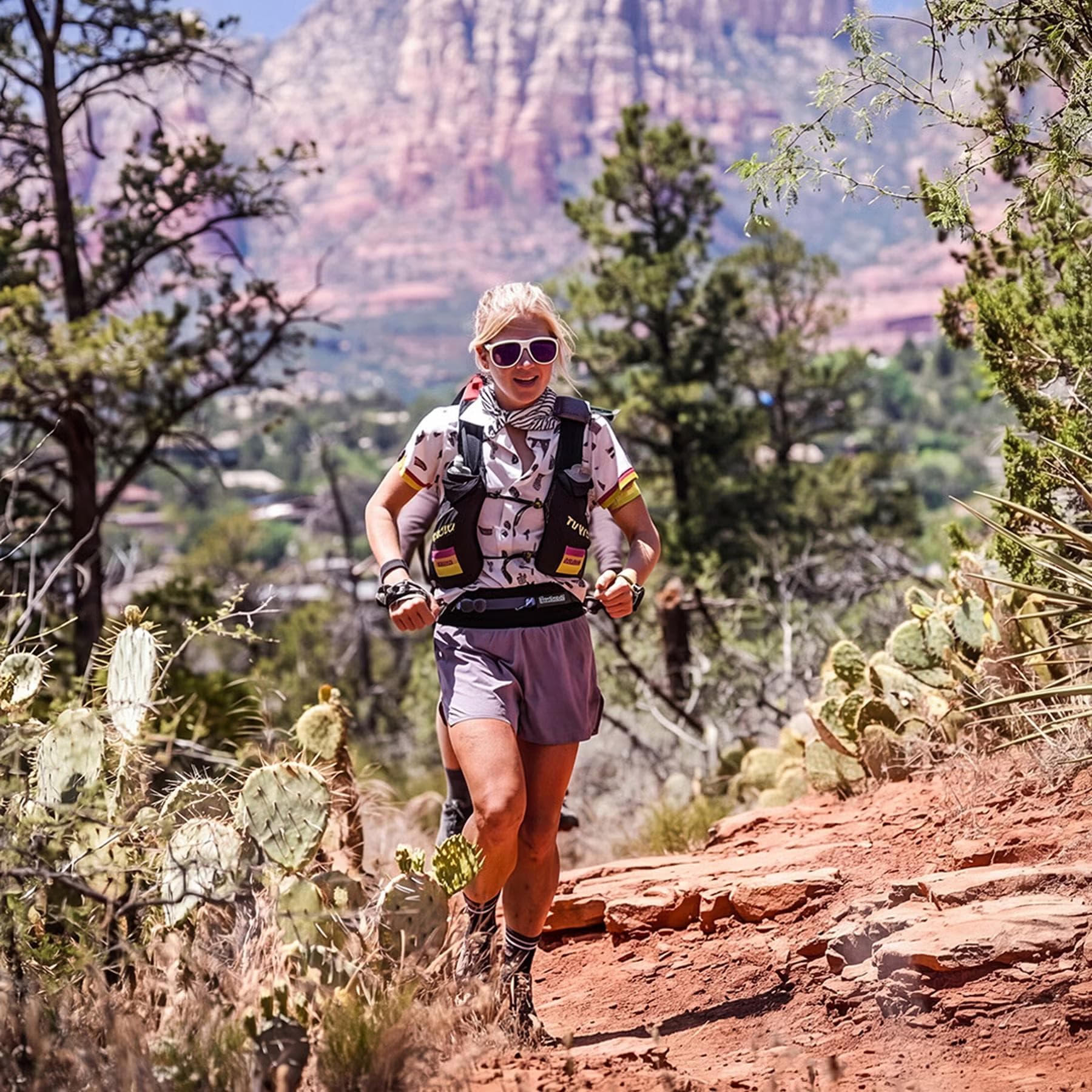 Rachel Entrekin running a red-rock section of trail at the 2026 Cocodona 250, cactus and pines behind her