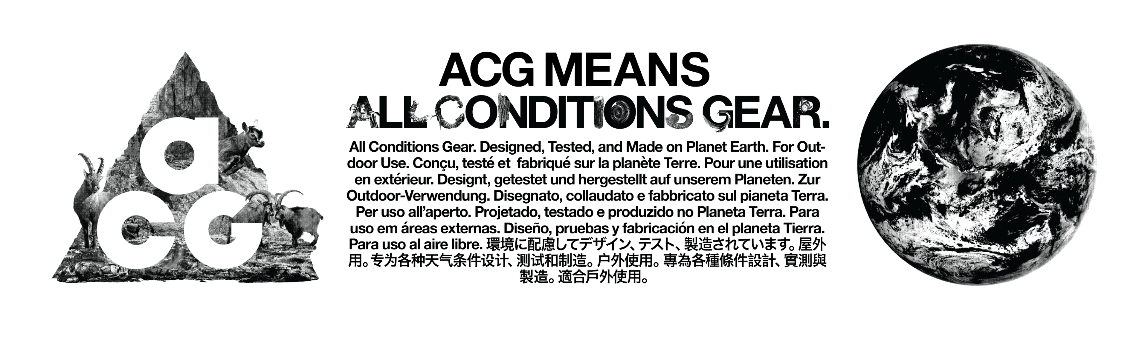 ACG MEANS ALL CONDITIONS GEAR. over the specimen wordmark, with the line Designed, Tested, and Made on Planet Earth. For Outdoor Use. in eight languages, between a collage triangle with an ibex and a halftone Earth, on white