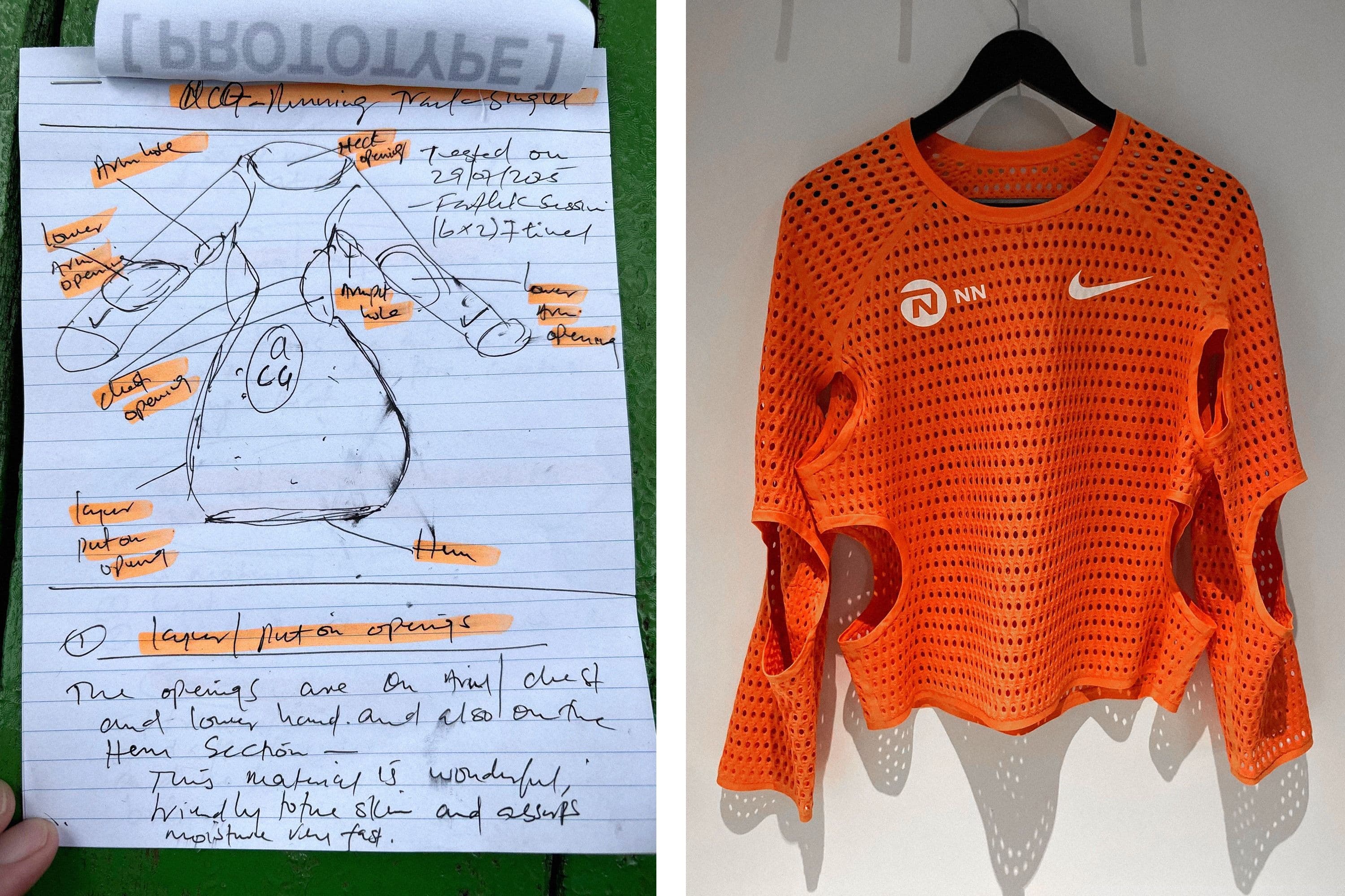 Left, a page of Eliud Kipchoge’s handwritten notes and sketch of the prototype top, annotated in orange; right, an orange perforated running top on a hanger