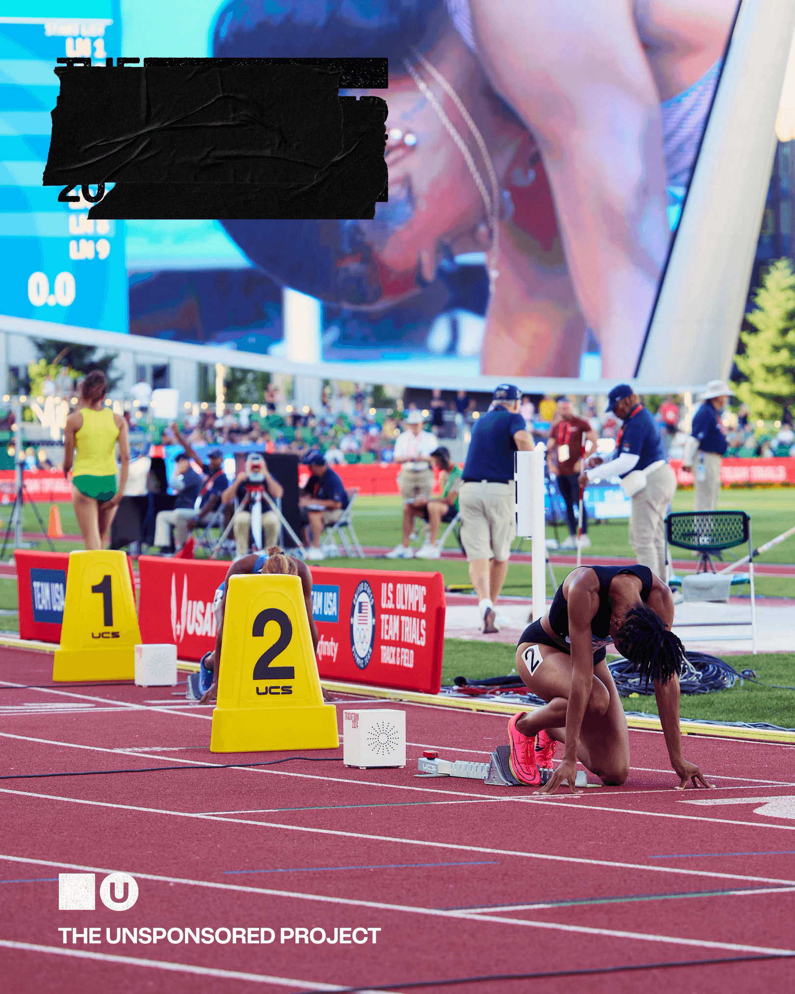 An athlete settles into the blocks at the 2024 Olympic Trials; black gaffer tape covers the headline type above, and The Unsponsored Project is lettered below