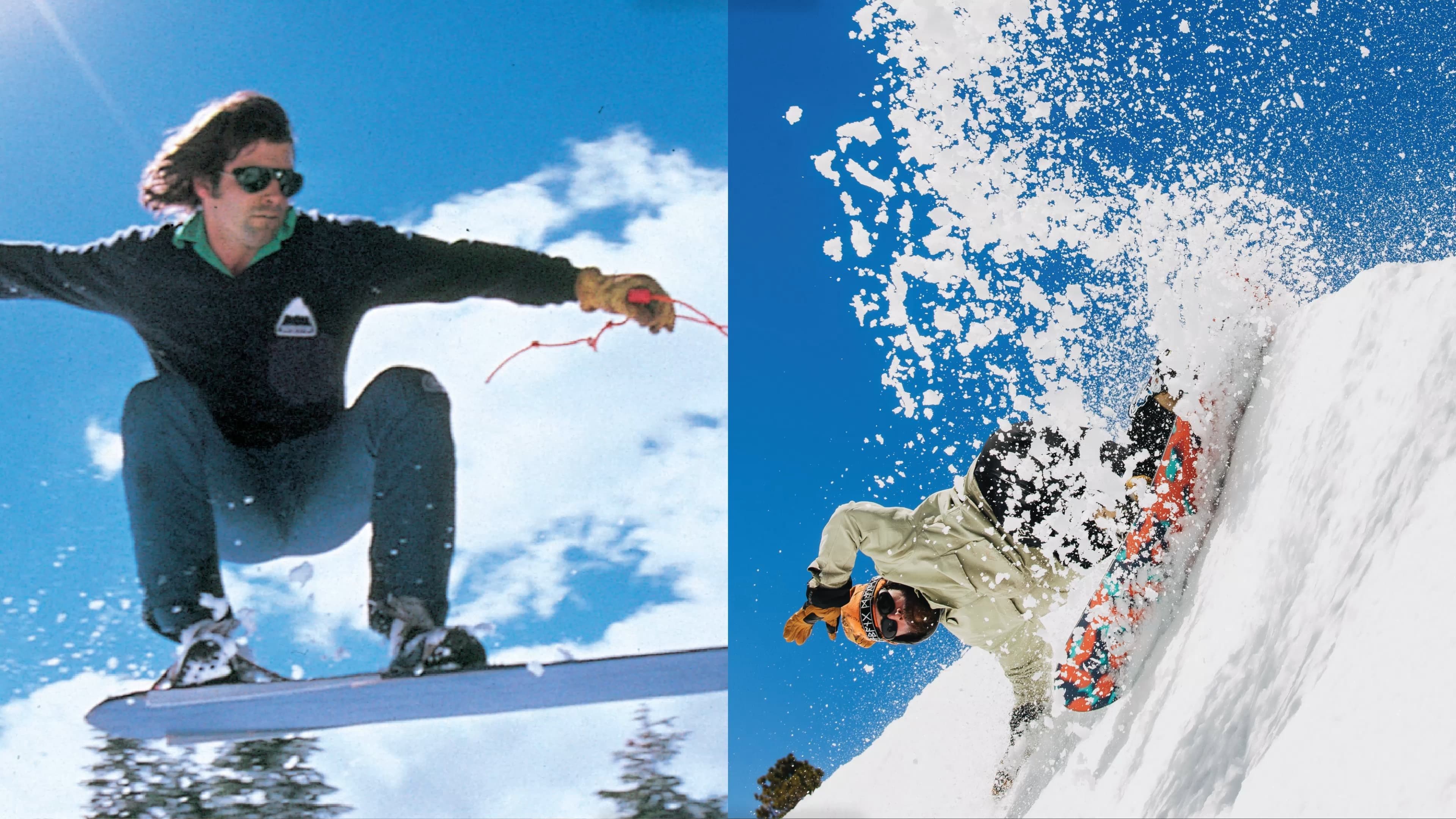 Split key art: on the left an early rider in a mountain-logo crewneck and aviators, airborne against blue sky with a leash in hand; on the right a present-day rider carving through spray on a patterned board.